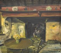 A 20th century oil on canvas, depicting a dining room table with flowers beside a hearth, signed