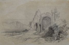 Attributed to Edward Lear (British 1812-1888) Pencil, a sketch on paper depicting a ruin of a