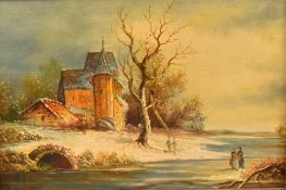 19th Century oil on board, a countryside mill beside a river in winter with figures stood in the