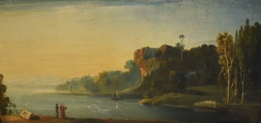 A 19th century Italian School oil on canvas, lake scene with on looking robed figures, sailing