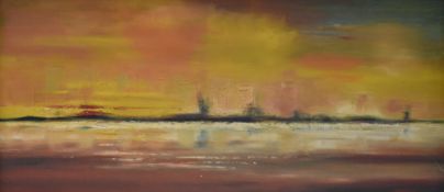 Artist unknown, an attractive 1970's oil on canvas, abstract costal cityscape, unsigned, within a