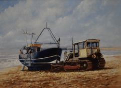David Horne (British Contemporary) Oil on Canvas, depicting a fishing boat being towed on a beach,