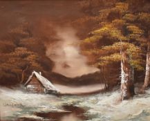 Walford (20th Century) Oil on canvas, a snow covered landscape featuring a cabin amongst trees