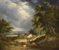 Edward Williams (British 1782-1855) oil on board, landscape with cottage, figure and sheep watering,