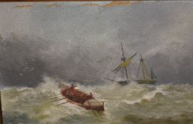 A pair of 19th Century oil on boards, maritime coastal scenes, the first with sail boats, beach