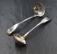 A pair of Scottish George IV silver fiddle pattern sauce spoons, having shell decoration to