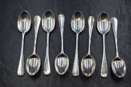 A set of eight Edwardian silver Hanoverian rat-tail pattern coffee spoons, having 'DJJ' monogram