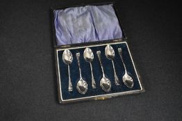 A cased set of six Victorian silver teaspoons, having twist handles and column motif terminals,