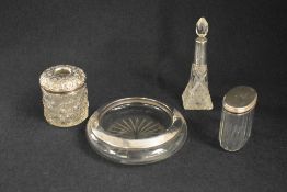 A George V silver mounted glass powder bowl, of circular form having personalised engraving, marks