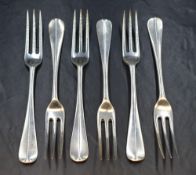 A set of six Edwardian silver Hanoverian pattern forks, having 'DJJ' monogram to terminal reverse,