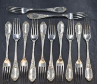 A set of twelve 19th century German white metal 800. grade dessert forks, having thread decoration