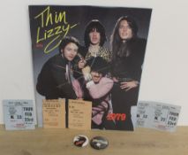 A Thin Lizzy programme and badges - Stranglers and Judas Priest , also with tickets and stubs