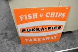 A modern Pukka Pies perspex Fish and Chips Takeaway sign, 76cm.