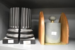 A mixed 20th-century to modern lot, to include a pair of ebonised pillar/column bookends by Linley,