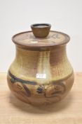 A large studio pottery storage jar / bread crock, hand painted with stylised bird patterns, h33cm