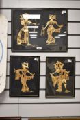 A collection of three vintage Asian folk art rice straw marquetry artworks, depicting various