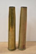 A pair of two 1939 World War II brass trench art vases, made from a 40mm British marked Bofors