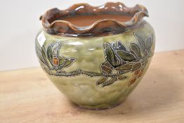 An early 20th-century Royal Doulton 'Leaf and Berry' pattern stoneware planter by Bessie Newbery, of