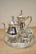 A decorated 20th-century Viners (Taiwan) silver-plated afternoon tea set, to include two teapots,