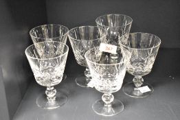 A set of six contemporary Stuart Crystal Glengarry short-stem claret wine glasses, featuring a