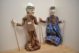 Two Indonesian handcrafted Wayang (puppets), largest 55cm, Wayang puppets have been a part of