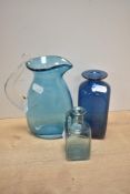 A collection of three contemporary studio blue art glass vases, to include a David Hill and Mark