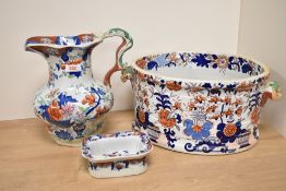 Three Georgian Mason’s Ironstone china pieces, to include a foot bath jug of bulbous form, decorated