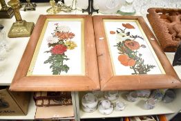 A set of two 20th-century botanical paintings, featuring poppies and chrysanthemums, presented in