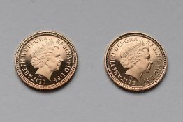 Two Elizabeth II 2002 And 2003 Royal Mint Proof Gold Half Sovereigns , Rev Crowned Shield And George