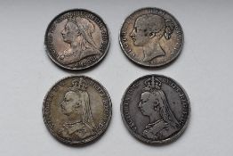 Four Queen Victoria Silver Crowns Comprising An 1845 Young Head, An 1890 And 1892 Jubilee Head, An