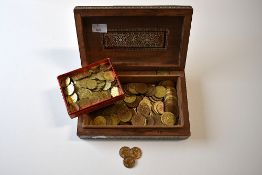 An Inlaid Box Of George III Brass Gaming Spade Guinea Tokens. Approx One Hundred Full Guinea And Two