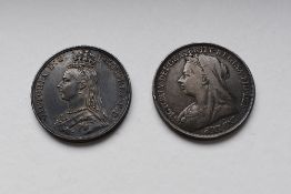 A Queen Victoria 1887 Silver Crown, Jubilee Head, (Toned), A Queen Victoria 1897 Silver Crown, Old
