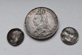 A Queen Victoria 1889 Silver Crown Jubilee Bust, A Queen Victoria 1845 Silver Sixpence ( mildly