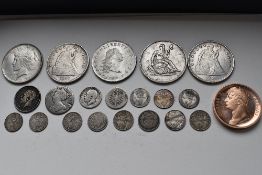 A Queen Anne Silver Shilling, A Queen Victoria 1845 Silver Threepence, Two Edward VII 1909 Silver