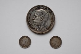 A George V 1935 Jubilee Crown incuse lettering On Edge, Two George V 1917 Silver Threepences