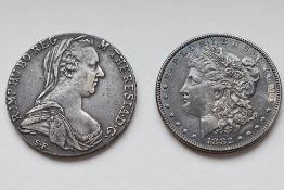 A USA 1882 Silver Morgan Dollar, Philadelphia Mint, 26.79 Grams, An Austrian Maria Theresia Silver