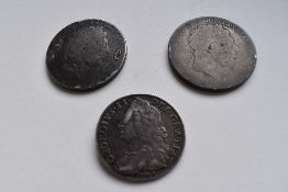 A George II Silver Lima Half Crown ( Brooch Clasp On Rev), Two George III Silver Crowns, Approx