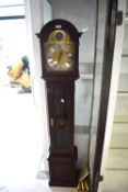 A modern mahogany cased Grandmother style long case clock having brass and silvered dial named for