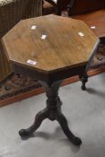 A Victorian mahogany sewing table having octagonal hinged top , fitted interior and triple splay