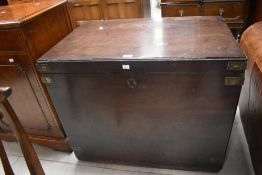 A vintage hardwood bedding chest having reinforced corners, dimensions approx. W84 D53 H70