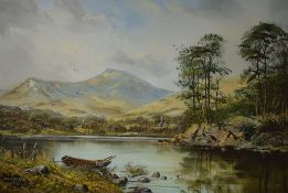 John Corcoran (British b.1940) Oil on canvas, depicting a row boat on tranquil lake with