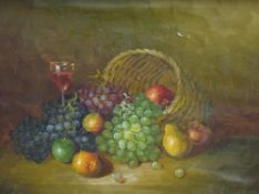 20th Century oil on canvas, still life depicting a spilled basket of fruit and glass of wine, signed