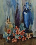 20th Century watercolour, a still life in cool tones featuring a vase of flowers, initialled 'K.C'