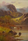 A pair of 20th century oil on board British pastoral scenes, the first depicting cows watering in