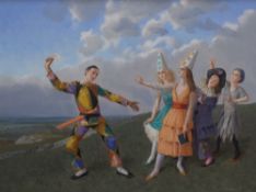 Claude Harrison (British 1922-2009) Oil/tempera on board, a group dressed in harlequin clothing