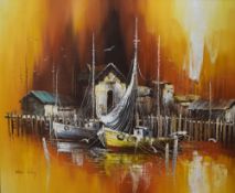 Max Savy (French 1918 - 2010) oil on canvas, fishing boats in a harbour in warm tones, signed to