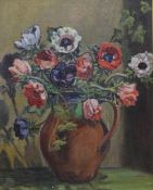 20th Century oil on board, an attractive still life of a bouquet of anemones and ivy in a vase,