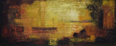 George Hutchins (British 20th century) oil on board 'Irish Lough', an abstract landscape of a lake