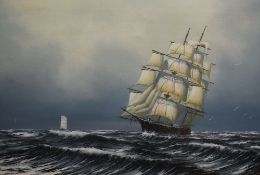 P Davis (20th Century?) Oil on canvas, a clipper ship at full sale on rough seas, signed to lower