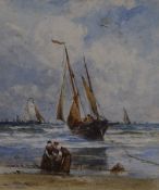 19th century English school watercolour on paper, a maritime scene with boats and sailors coming